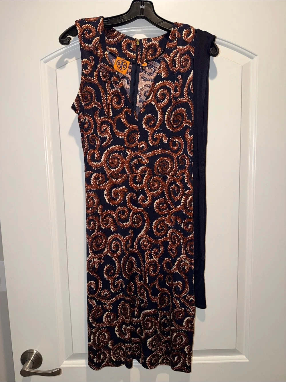 Tory Burch Navy Dress with Copper Swirl Motif